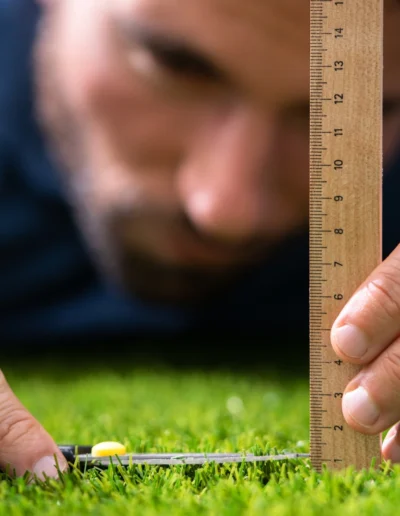 Midiendo la hierba con una regla.